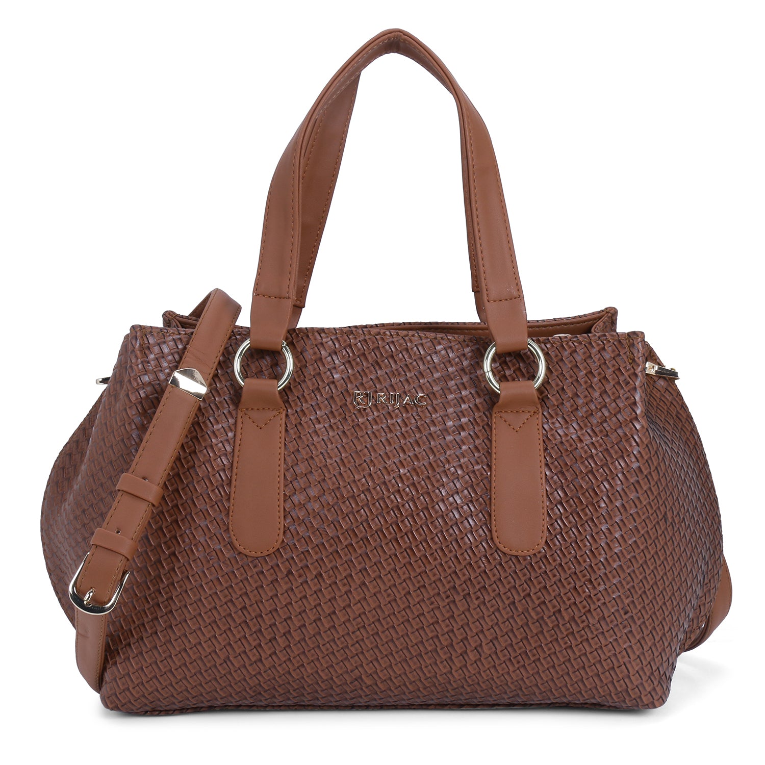 The brown woven handbag.