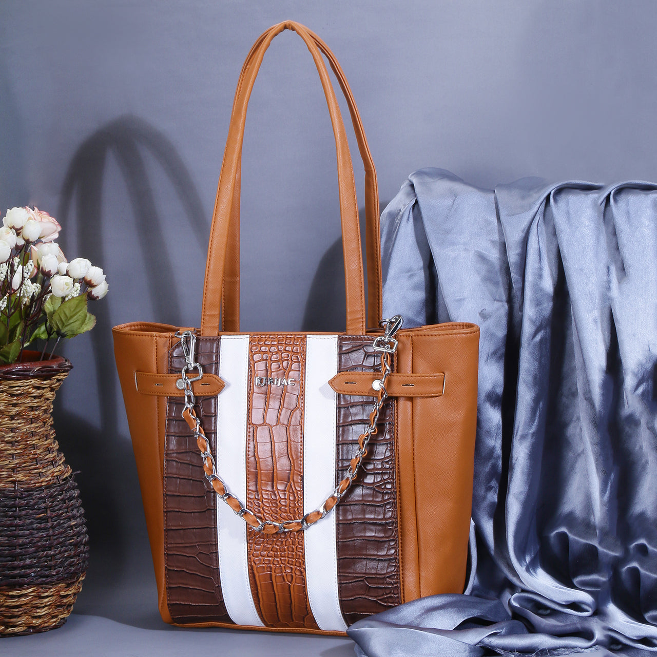 A brown and white tote bag.