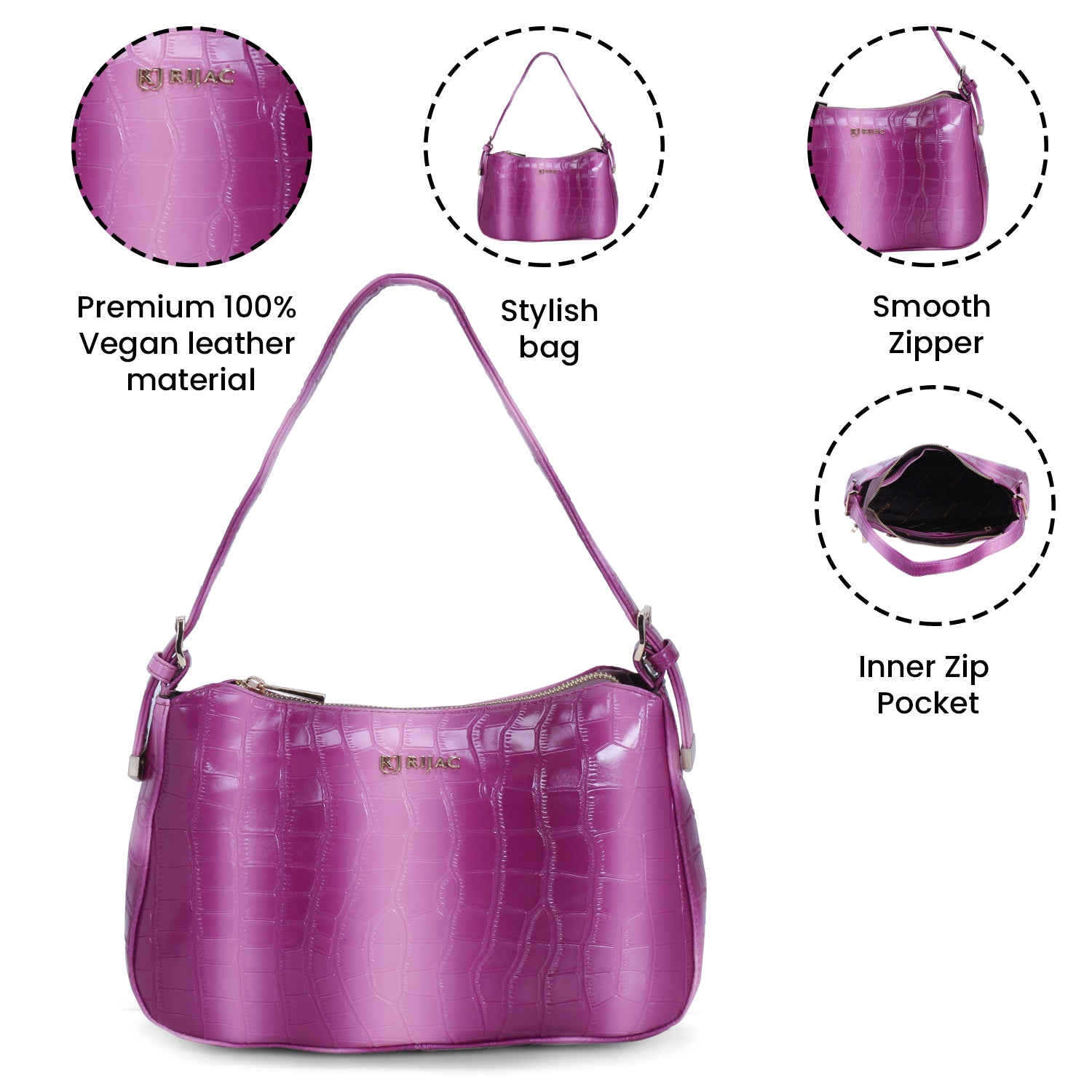Purple embossed leather handbag.