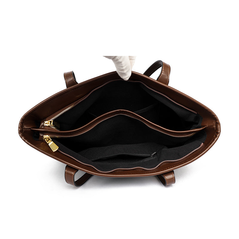 Brown Ziro 2 Zipper Shoulder Tote Bag